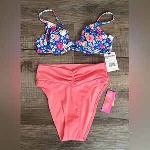 Women’s Floral Blue Underwire Bikini Top & Coral High-Waist Bottoms
